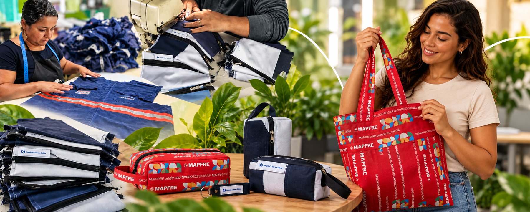 Produtos feitos de uniformes reutilizados: bolsas, estojos, necessaires e chaveiros