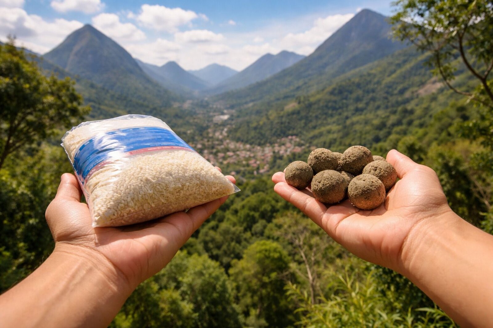 Mãos segurando um pacote de arroz e bombas de sementes, com a Região Serrana do Rio de Janeiro ao fundo