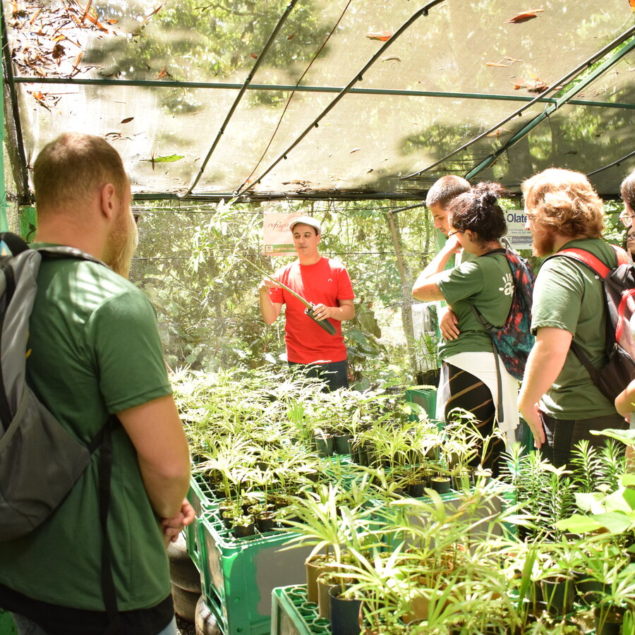 Guia explicando o processo de cultivo de mudas para um grupo de visitantes dentro do viveiro